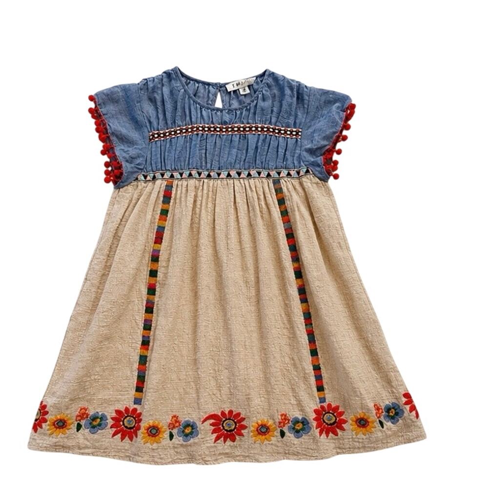 THML Folk Art Embroidered Dress Boho Prairie Festival Cottagecore Small Peasant